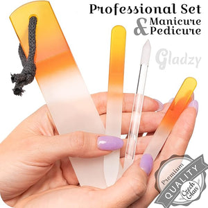 GLADZY Genuine Czech Glass Nail File Set - Callus Remover Foot Rasp Cuticle Pusher Manicure Stick Double Sided Etched Different Grit Surface Professional Nail Care Tool Made in EU