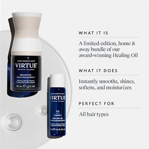 VIRTUE Healing Hair Oil Home and Away Set Hair Treatment Serum for Damaged Hair Shake to Activate Color Safe 2.3 Fl Oz Total