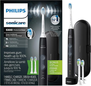 Philips Sonicare ProtectiveClean 5300 Rechargeable Electric Toothbrush with Pressure Sensor 3 Cleaning Modes SmarTimer and QuadPacer with 2 Bonus Brush Heads Travel Case Black Model HX6423/34