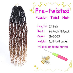 Long Passion Twist Hair Pre-twisted 24 Inch Passion Twist Crochet Hair for Black Women Pre Looped 8 Packs Synthetic Bohemian Twists Curly Ends Hair Extensions 1B-30-27