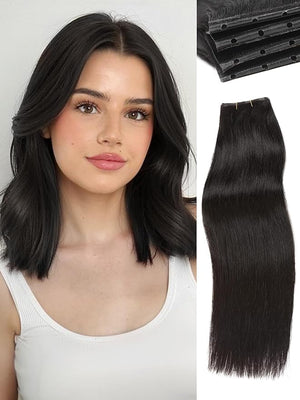 WIGNEE OVO Invisible Human Hair Extensions 100% Real Remy Human Hair Weft Black Hair Extensions Human Hair 2 PCS 12 Inch No Glue Genius Weft Micro Bead Real Human Hair Extensions for women(1B)