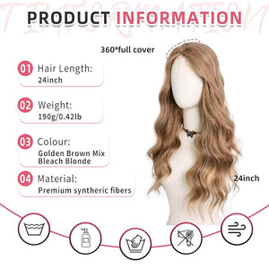 Toppers Hair Pieces for Women 24 Inch Wavy Clip in Hair Toppers for Women with Thinning Hairs Synthetic Hand-Tied Hairline Lace Front Women's Hair Topper Golden Brown Mix Bleach Blonde