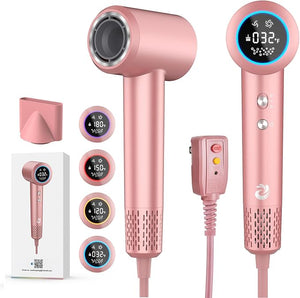 KARFUN Plasma Hair Dryer 1500W High Speed Blow Dryer with Plasma Tech (Positive+Negative Ionic) LED Display 5 Temps 2 Speed Thermo-Control Fast Drying Plasma Hairdryer for Home Travel (Rose Gold)