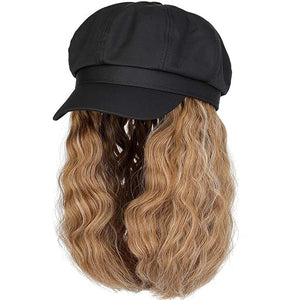 YEKEYI Beret Hat with Hair Newsboy Cap with Bob Hair Extensions Hat Wig Visor Beret Short Curly Wavy Hairpiece for Women
