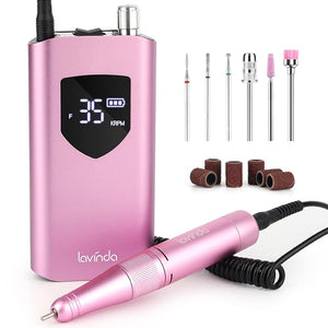 Lavinda Nail Drill 35000 RPM Cordless Rechargeable Electric Nail File Machine Professional Efile for Acrylic Nails Gel Polish Cuticle Removal Home and Salon (Pink)