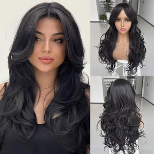 Natural Black Layered Wig Long Wavy Wigs with Curtain Bangs for Black Women Long Layered Curly with Bangs Heat Resistant Synthetic Body Wave Butterfly Haircut for Women Daily Use 24inch
