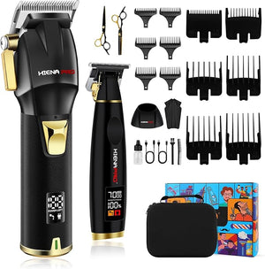HIENA PRO Professional Hair Clippers Set for Men Cordless Barber Kit Hair Cutting Set Rechargeable Clippers and Trimmers Set Hair Cutting Kit with LED Display USB Charging Gifts for Men (Black)