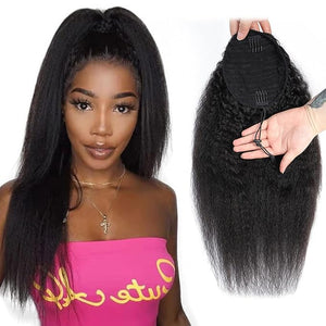 Yaki Straight Curly Human Hair Drawstring Ponytail Extension for Black Women Natrual Black Clip on Afro Kinky Straight Hair Cheap and full Pieces 115g/set (24")