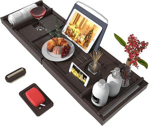 Bathtub Caddy Tray for Luxury Bath - Bamboo Waterproof Expandable Bath Table Over Tub with Wine and Book Holder and Free Soap Dish (Brown)