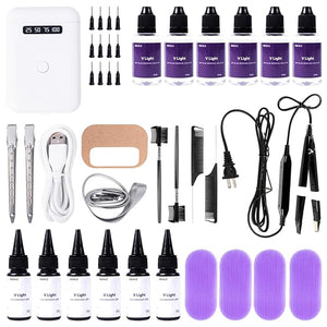 V Light hair extensions kit Professional Hair Extensions Installation Kit V light machine*1 V light hair removal tool*1 v light hair extensions glue*6 glue remover *6. (white machine set)