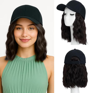 MY-LADY Hat Wig Hat with Hair Attached for Women Baseball Cap with Hair Extensions Adjustable Short Wavy Synthetic Hairpiece 8 Black Cap to 4A