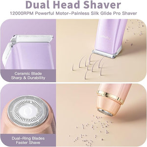 Bikini Trimmer for Women, Electric Razors with Dual Heads, Rechargeable Pubic Hair Trimmer with IPX7 Waterproof, Painless Pro Shaver for Underarm Leg Arm Body Face Private Area£¨RoyalRose£©