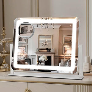 Vanity Mirror with Lights, 16"¡¿12.4" LED Makeup Mirror, Rounded Frame, 10X Magnification, Smart Touch with 3-Color Lighting, Dimmable, 360¡Æ Rotation, Lighted Up for Makeup Desk, Bedroom (White)