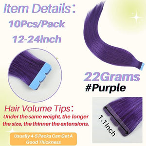 Invisible Tape in Hair Extensions Human Hair 22Inch Long Mini Purple Hair Extensions Tape Ins Highlighted Remy Hair 10Pcs for Cosplay
