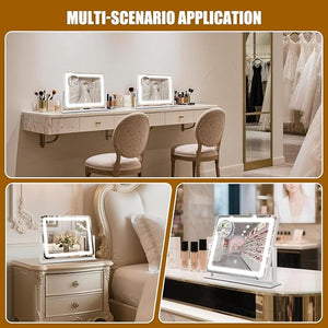 Vanity Mirror with Lights, 16"¡¿12.4" LED Makeup Mirror, Rounded Frame, 10X Magnification, Smart Touch with 3-Color Lighting, Dimmable, 360¡Æ Rotation, Lighted Up for Makeup Desk, Bedroom (White)