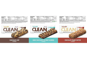 Generic Ready Clean Protein Bars Variety pack Chocolate Peanut Butter Chocolate Chip Dark Chocolate Coconut Almond 5 servings per case total 3 cases.