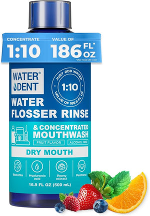 Concentrated Irrigant and mouthwash Dry Mouth | Add to Water Flossers | Fruit Flavor | When dilluted 16.9 fl.oz = 186 fl.oz | Alcohol Free, Fluoride Free. Made in USA (Non-Medical) WATER DENT