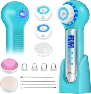 Face Scrubber ExfoliatorFacial Cleansing Brush Waterproof with LCD ScreenBlackhead Remover Vacuum with 5 Brush HeadsFace Spin Brush for Exfoliating (Blue-Blue)