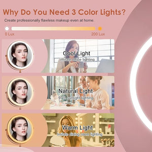 Lighted Makeup Mirror 3000 mAh Rechargeable Double Sided Magnifying Vanity Mirror with 3 Colors 1x/10x 360¡Æ Rotation  Brightness Adjustable Magnification Cosmetic Light up Mirror Women Gift