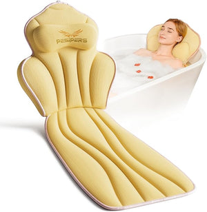 Ergonomic Full Body Bath Pillow for Bathtub 3.9 inch Thickened Tub Pillows for Back Support and Headrest Neck Soft 5D Air Mesh Cushion &amp Mat Bathtub Pillow with 13 Suction Cups(Gold)
