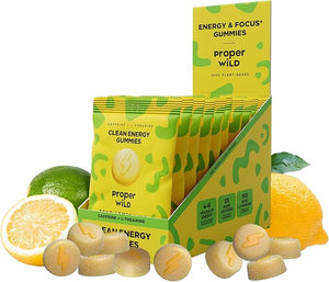 Proper Wild Vegan Energy Gummies with L-Theanine &amp; Organic Caffeine, Clean Energy &amp; Focus, Plant-Based, Gluten-Free, Non-GMO, Dairy-Free, Stevia-Free, Soy-Free, Sour Lemon Lime (10-Pack)