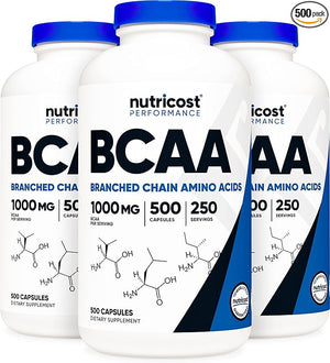 Nutricost BCAA Capsules 2:1:1 500mg 500 Caps (3 Bottles)