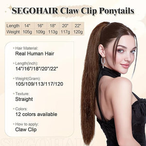 Human Hair Ponytail Extension with Claw Clip, Natural Look, Soft, Ideal for Dates, Weddings, Parties, Gifts - 22 inches, 120g, Medium Brown