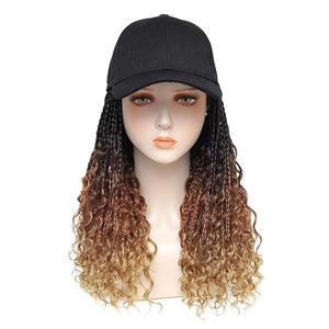 Goddess Box Braids Baseball Cap Wig Bohemian Curly Ends Box Braiding Hat with Crochet Hair Extensions for Black White Women Synthetic Braids Hat Wig with Hair Attached (16inch, T1B/30/27)