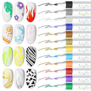 12 Colors Nail Art Pens Set: 0.7MM Quick Dry Nail Art Markers Polish Pen for 3D Nail Art Design Acrylic Paint Markers for Easy Dotting Drawing Painting Liner Brush Tools Home Manicure DIY (Set 1)