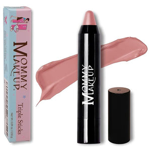 Mommy Makeup Triple Sticks Lipstick, Cream Blush &amp; Treatment All-In-One with Shea &amp; Cocoa Butter - Soft &amp; Creamy Moisturizing Lip Crayon For Lips &amp; Cheeks (Pink-a-boo)