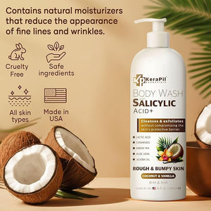 Exfoliating Body Wash with Salicylic Acid - No Dry Out Gentle Exfoliates Rough and Bumpy Skin Body Acne Wash BHA &amp AHA - Coconut and Vanilla Salicylic Acid Body Wash - (16 fl oz x 2)