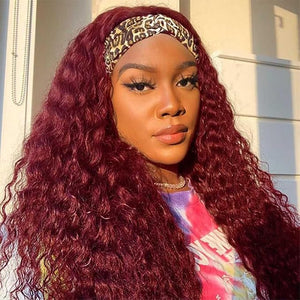 Headband Wig Human Hair Deep Wave 99J Human Hair Headband wigs for women Glueless None Lace Front Wig Machine Made 150% Density headband wig human hair with Headbands (16Inch)