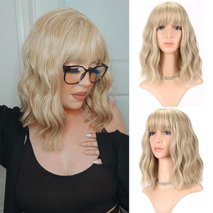 FAELBATY Blonde Wave Short Bob Wigs With Air Bangs Shoulder Length Wig For Women and Girls Curly Wavy Synthetic Cosplay Costume Wig (12" Mix blonde and gold)