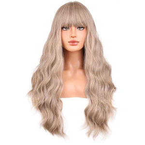 BERON Blonde Wigs Long Wavy Wig for Women with Bangs Costume Curly Heat Resistant Synthetic Hair Wigs for Cosplay or Daily