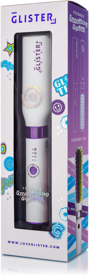 Glister Folding Hair Straightener Brush, Hair Brush for Straightening, Volumizer, Fringe Curler, Styling Comb with Adjustable Temperature - Coconut Ice (White)
