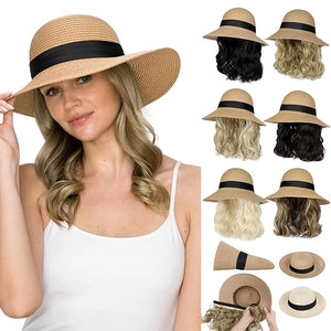 Sun Hat Straw Hat Wig Detachable Adjustable Cap with 12 Inch Synthetic Wavy Hair Extensions Foldable for Women Summer Beach Outdoors Ash Blonde Mix Bleach Blonde