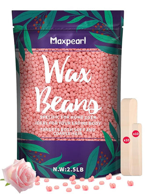 Maxpearl 2.5LB Hard Wax Beads for Hair Removal Natural Rose Formula - Brazilian Waxing Sensitive Skin Face Underarms Legs Back Chest and More with 20 Wax Sticks Pink