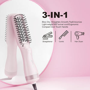 DAN Technology Hair Dryer, Negative Ion 3 in 1 Paddle Brush Dryer &amp; Styler, Pink, 600W, for Damaged Hair, with 2 Speeds, 3 Heating Settings, Nylon Material, ALCI Safety Plug, [IN] Hair Care or Bea