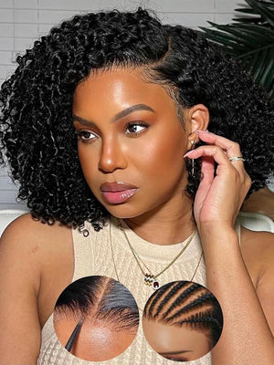 KLAIYI Curly Bob Wig Human Hair Bye Bye Knots Glueless Wig Pre Cut Lace Pre Bleached Pre Plucked 7x5 HD Lace Front 30S Ready to Wear Put On and Go Wigs for Black Women Water Wave Pixie Cut Wig 12Inch