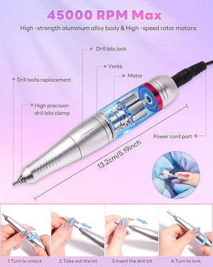 CozyZen Electric Nail Drill Professional: 45000 RPM Nail File Kit Machine with LCD Display Hand &amp Foot Control Low Noise for Acrylic Gel Nails Manicure &amp Pedicure - Salon &amp Home Use (Da