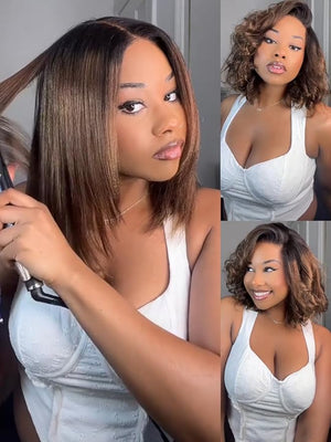 YIROO Chestnut Brown Ombre Yaki Straight Bob Wig Human Hair, 13x4 Lace Front Glueless Wig with Drawstring, Pre Everything Pre Cut Pre Plucked Pre Bleached Knots Natural Hairline Short Bob Wig 12Inch