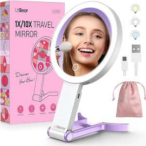LitBear Travel Makeup Mirror with Light Rechargeable Double-Sided 10X/1X Magnifying Mirror Portable Lighted Beauty Mirror 3 Color Lighting Dimmable Touch Screen Tabletop Handhold Hanging (Purple)