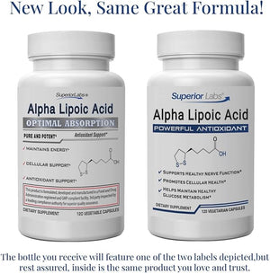 Superior Labs Alpha Lipoic Acid 600 mg Capsules Pure Non-GMO ALA High Absorption Nerve Support Healthy Circulation and Nerve Response Healthy Aging Antioxidant 120 Veg Caps 4-Month Supply