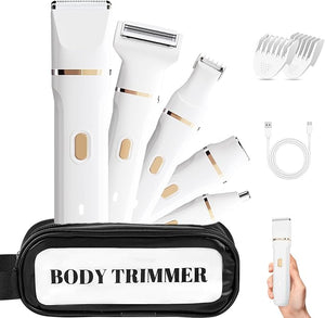 Bikini Trimmer for Women, 5-in-1 Waterproof Electric Razors for Women, Rechargeable Pubic Hair Trimmer, Electric Shaver with Travel Pouch, Body Shaver for Private Area Underarm Leg Face Nose, White