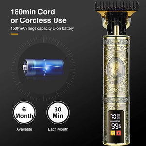 Men's T-Blade Hair Clippers Waterproof &amp Low Noise Professional Hair Trimmer USB Quick Charge &amp LED Display Ergonomic All Metal Design