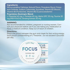 Focus Pouches - Caffeine Free Nootropic Pouches with L-Tyrosine &amp; L-Theanine for Energy &amp; Brain Boost - 4 Cans - 15 Nicotine Free Pouches per Can (4 Count (Pack of 15), Mint)
