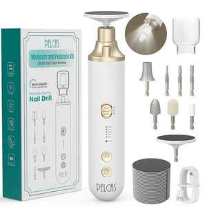 PELCAS 8 in 1 Cordless Nail Drill Electric Nail Filer 5 Speeds Manicure &amp Pedicure Kit with LED Light Electric Foot Callus Remover for Foot Callus Toenail Thick Nails Finger Nails Golden
