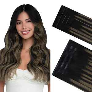 GOO GOO Invisi Edge Clip in Hair Extensions Set 16inch 140g 4pcs Injected Seamless PU Clip ins and 3pcs Classical PU Clip ins Virgin Real Human Hair #(T1B/6) P1B