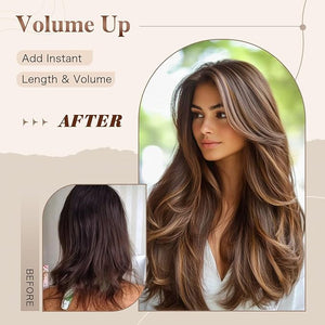 Long Ombre Honey Blonde Highlight Layered Wavy Wig With Bangs for Women Dark Brown Mixd Dirty Blonde Highlight Wig With Curtain Bangs for White Black Women Shaggy Hair for Daily Party Use 24inch