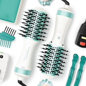 Dual Voltage Travel Hair Dryer Brush 4-IN-1 Portable Mini Hot Air Blow Dryer Straightener &amp Curler Brush Titanium Round Blowout Styler Volumizer Tools 110/240V US/EU/UK Plug for International Tr